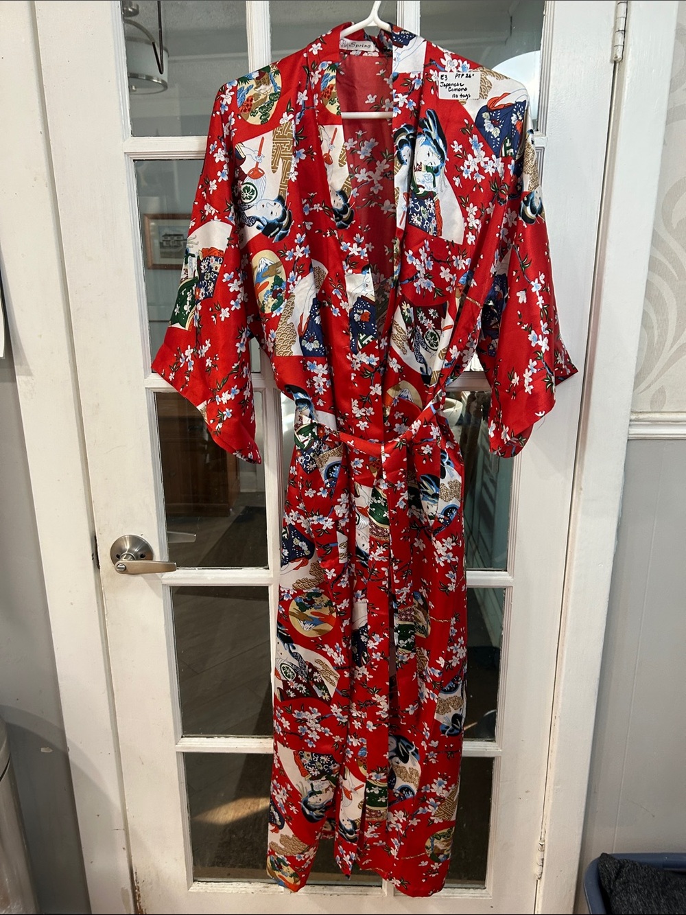 E3.   Red Floral Satin Kimono Robe with Tie Waist